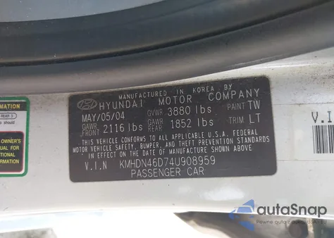 2004 Hyundai Elantra Gls/Gt z USA, uszkodzony, nr VIN KMHDN46D74U908959